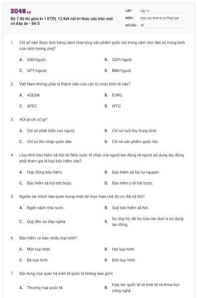 Bộ 7 đề thi giữa kì 1 KTPL 12 Kết nối tri thức cấu trúc mới có đáp án - Đề 5