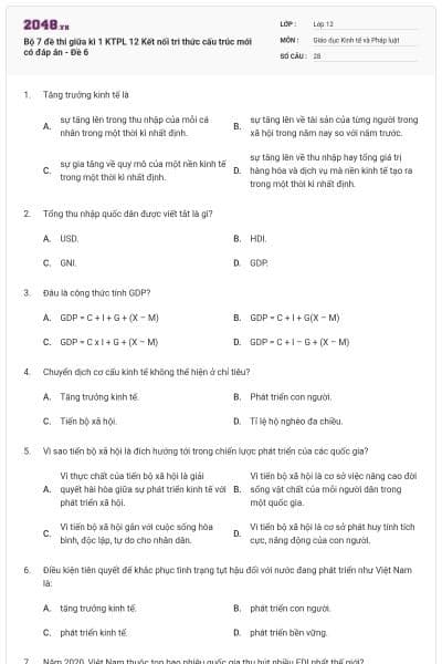 Bộ 7 đề thi giữa kì 1 KTPL 12 Kết nối tri thức cấu trúc mới có đáp án - Đề 6