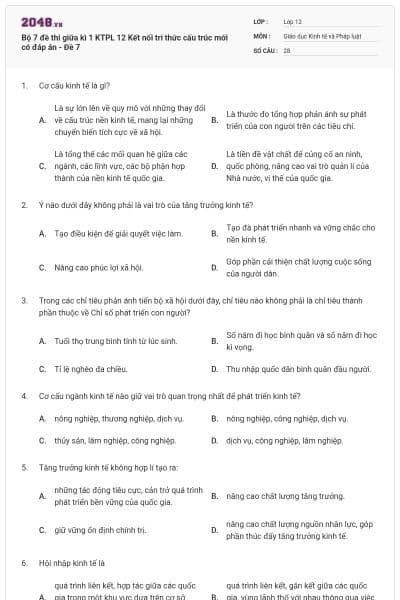 Bộ 7 đề thi giữa kì 1 KTPL 12 Kết nối tri thức cấu trúc mới có đáp án - Đề 7