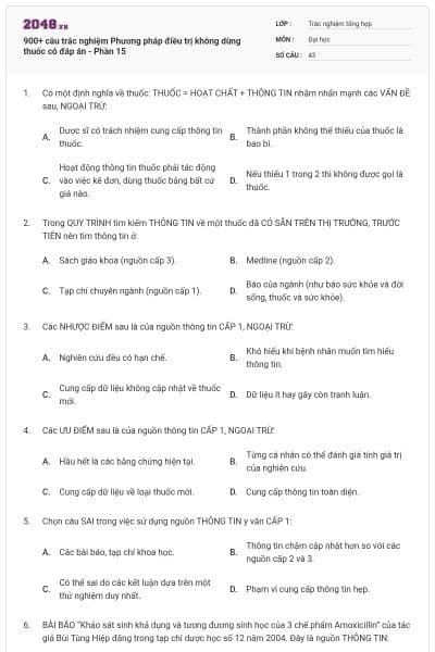 900+ câu trắc nghiệm Phương pháp điều trị không dùng thuốc có đáp án - Phần 15