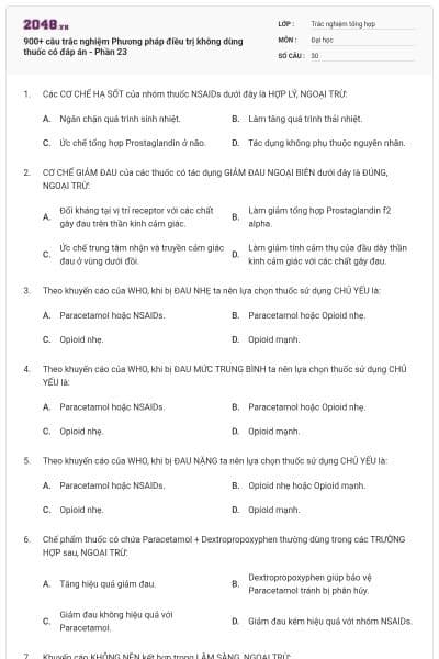 900+ câu trắc nghiệm Phương pháp điều trị không dùng thuốc có đáp án - Phần 23