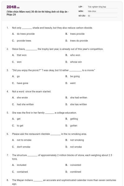 (Viên chức Mầm non) 30 đề ôn thi tiếng Anh có đáp án - Phần 29