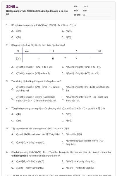 Bài tập ôn tập Toán 10 Chân trời sáng tạo Chương 7 có đáp án