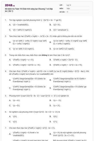 Đề kiểm tra Toán 10 Chân trời sáng tạo Chương 7 có đáp án ( Đề 1)
