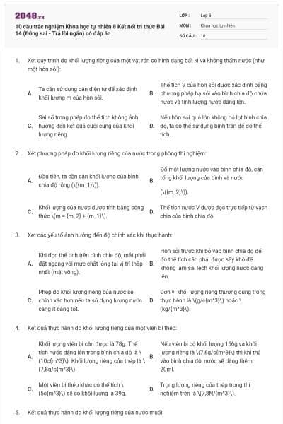 10 câu trắc nghiệm Khoa học tự nhiên 8 Kết nối tri thức Bài 14 (Đúng sai - Trả lời ngắn) có đáp án