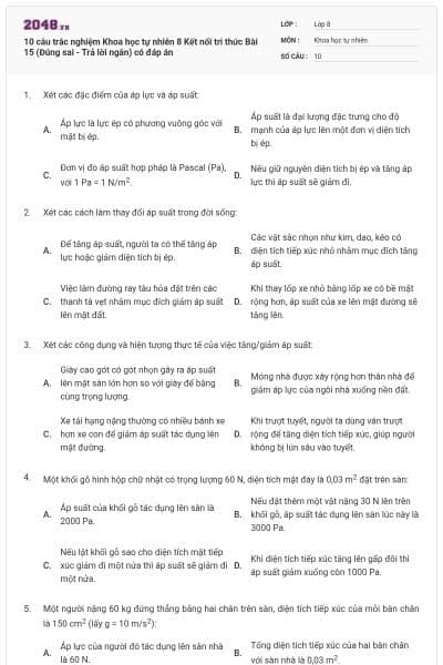 10 câu trắc nghiệm Khoa học tự nhiên 8 Kết nối tri thức Bài 15 (Đúng sai - Trả lời ngắn) có đáp án