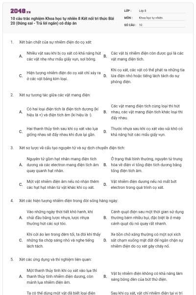 10 câu trắc nghiệm Khoa học tự nhiên 8 Kết nối tri thức Bài 20 (Đúng sai - Trả lời ngắn) có đáp án