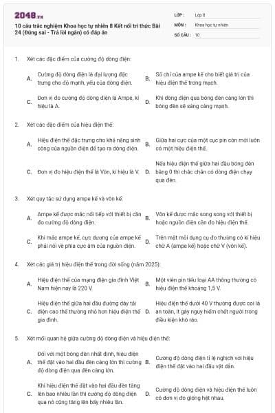 10 câu trắc nghiệm Khoa học tự nhiên 8 Kết nối tri thức Bài 24 (Đúng sai - Trả lời ngắn) có đáp án