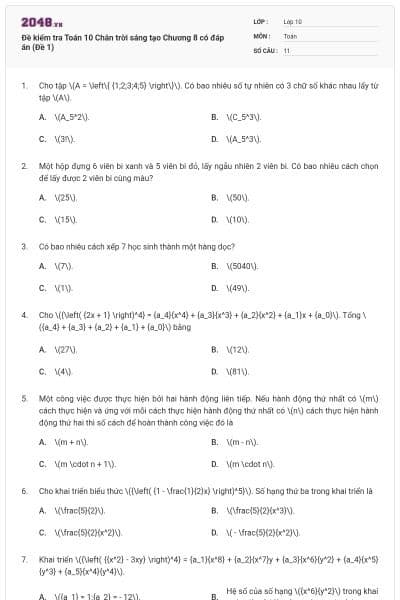 Đề kiểm tra Toán 10 Chân trời sáng tạo Chương 8 có đáp án (Đề 1)