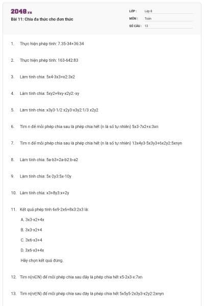 Bài 11: Chia đa thức cho đơn thức