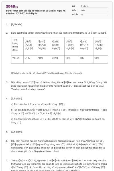 Đề thi tuyển sinh vào lớp 10 môn Toán Sở GD&ĐT Nghệ An năm học 2025-2026 có đáp án