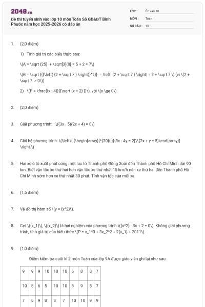 Đề thi tuyển sinh vào lớp 10 môn Toán Sở GD&ĐT Bình Phước năm học 2025-2026 có đáp án