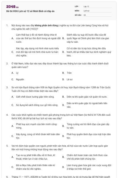 Đề thi HSG Lịch sử 12 sở Ninh Bình có đáp án