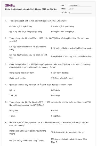 Đề thi thử thpt quốc gia môn Lịch Sử năm 2019 (có đáp án)