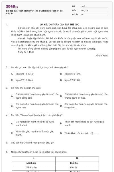 Bài tập cuối tuần Tiếng Việt lớp 3 Cánh diều Tuần 14 có đáp án
