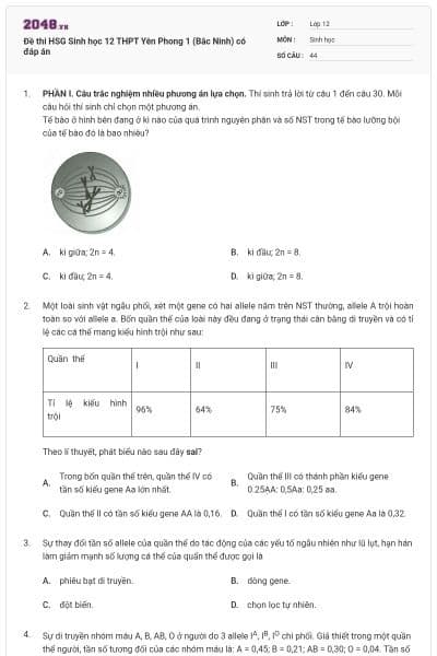 Đề thi HSG Sinh học 12 THPT Yên Phong 1 (Bắc Ninh) có đáp án