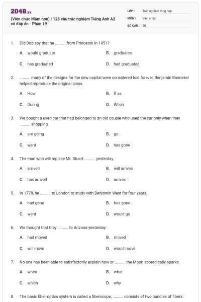 (Viên chức Mầm non) 1128 câu trắc nghiệm Tiếng Anh A2 có đáp án - Phần 19