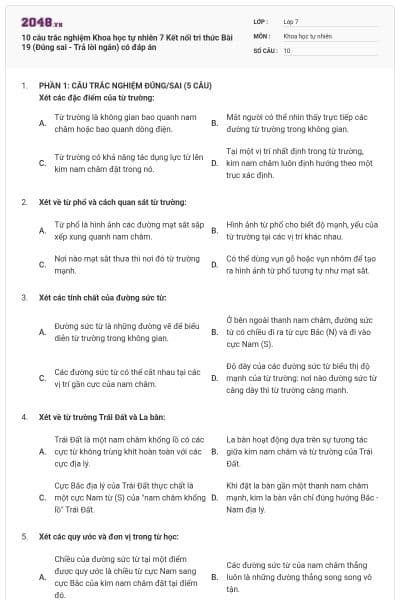 10 câu trắc nghiệm Khoa học tự nhiên 7 Kết nối tri thức Bài 19 (Đúng sai - Trả lời ngắn) có đáp án