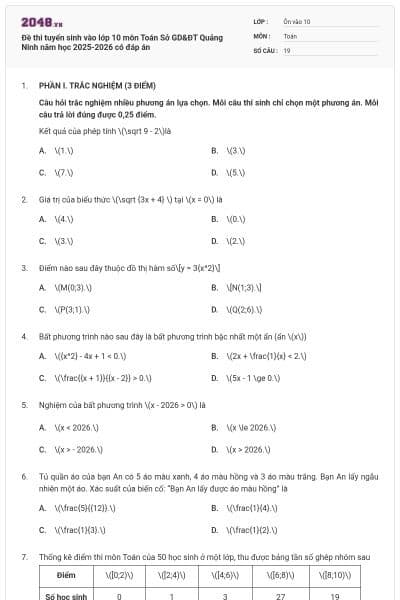 Đề thi tuyển sinh vào lớp 10 môn Toán Sở GD&ĐT Quảng Ninh năm học 2025-2026 có đáp án