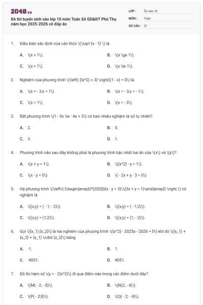 Đề thi tuyển sinh vào lớp 10 môn Toán Sở GD&ĐT Phú Thọ năm học 2025-2026 có đáp án