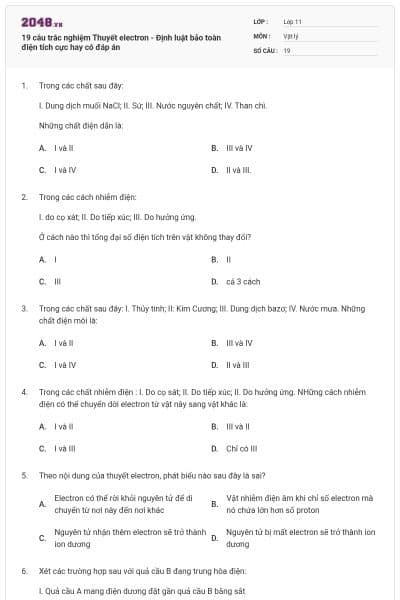 19 câu trắc nghiệm Thuyết electron - Định luật bảo toàn điện tích cực hay có đáp án