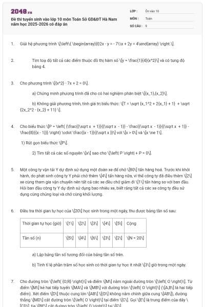 Đề thi tuyển sinh vào lớp 10 môn Toán Sở GD&ĐT Hà Nam năm học 2025-2026 có đáp án