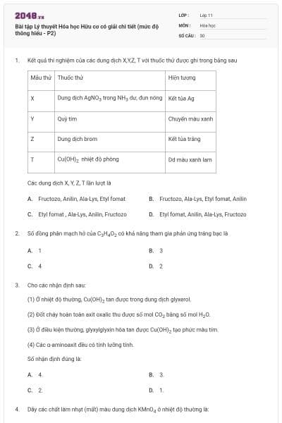 Bài tập Lý thuyết Hóa học Hữu cơ có giải chi tiết (mức độ thông hiểu - P2)