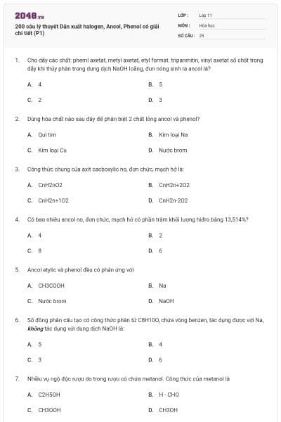 200 câu lý thuyết Dẫn xuất halogen, Ancol, Phenol có giải chi tiết (P1)