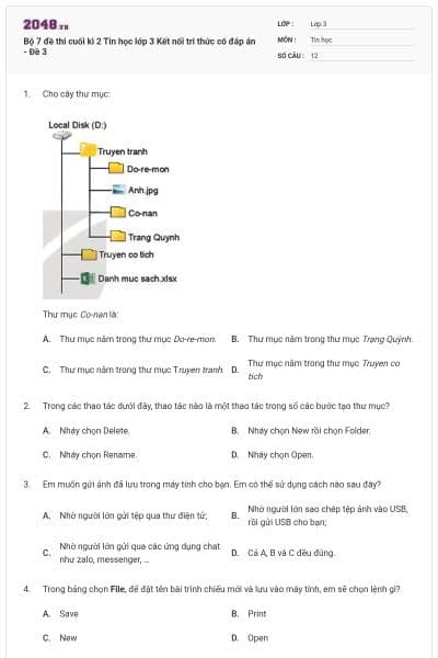 Bộ 7 đề thi cuối kì 2 Tin học lớp 3 Kết nối tri thức có đáp án - Đề 3