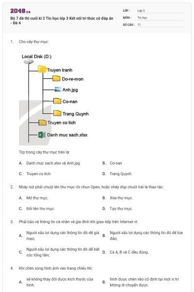 Bộ 7 đề thi cuối kì 2 Tin học lớp 3 Kết nối tri thức có đáp án - Đề 4