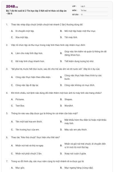 Bộ 7 đề thi cuối kì 2 Tin học lớp 3 Kết nối tri thức có đáp án - Đề 6