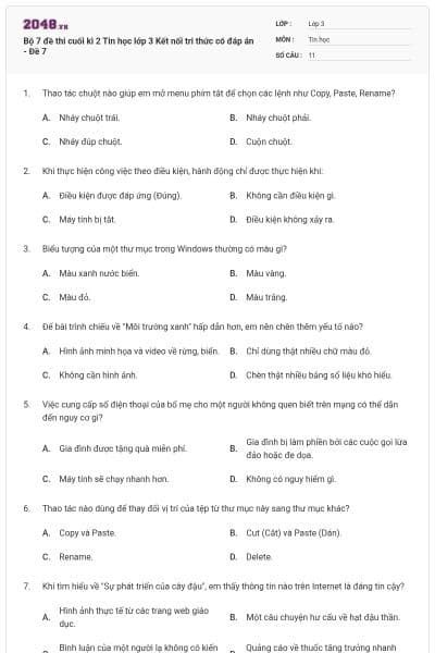 Bộ 7 đề thi cuối kì 2 Tin học lớp 3 Kết nối tri thức có đáp án - Đề 7