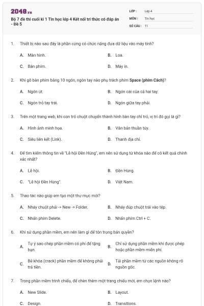 Bộ 7 đề thi cuối kì 1 Tin học lớp 4 Kết nối tri thức có đáp án - Đề 5
