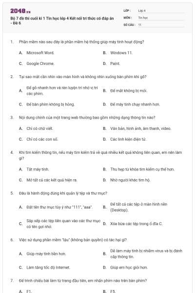 Bộ 7 đề thi cuối kì 1 Tin học lớp 4 Kết nối tri thức có đáp án - Đề 6