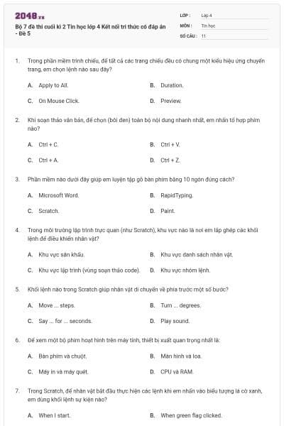 Bộ 7 đề thi cuối kì 2 Tin học lớp 4 Kết nối tri thức có đáp án - Đề 5