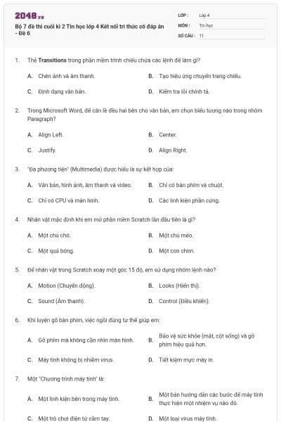 Bộ 7 đề thi cuối kì 2 Tin học lớp 4 Kết nối tri thức có đáp án - Đề 6