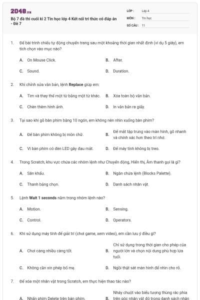 Bộ 7 đề thi cuối kì 2 Tin học lớp 4 Kết nối tri thức có đáp án - Đề 7