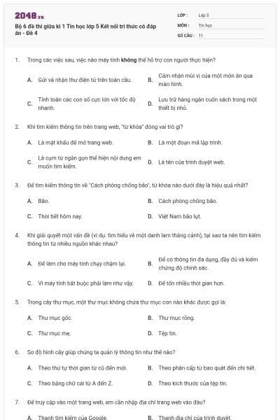 Bộ 6 đề thi giữa kì 1 Tin học lớp 5 Kết nối tri thức có đáp án - Đề 4