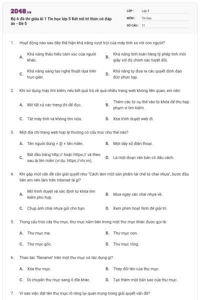 Bộ 6 đề thi giữa kì 1 Tin học lớp 5 Kết nối tri thức có đáp án - Đề 5