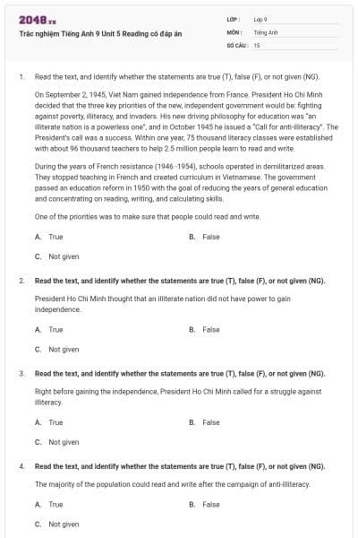 Trắc nghiệm Tiếng Anh 9 Unit 5 Reading có đáp án