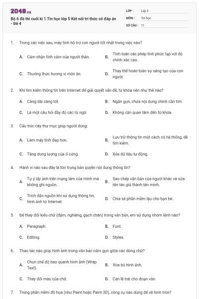 Bộ 6 đề thi cuối kì 1 Tin học lớp 5 Kết nối tri thức có đáp án - Đề 4
