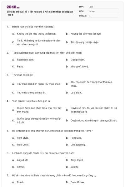 Bộ 6 đề thi cuối kì 1 Tin học lớp 5 Kết nối tri thức có đáp án - Đề 5