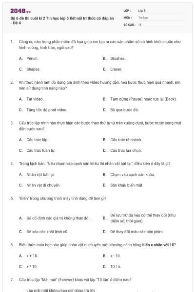 Bộ 6 đề thi cuối kì 2 Tin học lớp 5 Kết nối tri thức có đáp án - Đề 4