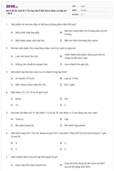 Bộ 6 đề thi cuối kì 2 Tin học lớp 5 Kết nối tri thức có đáp án - Đề 5