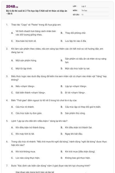 Bộ 6 đề thi cuối kì 2 Tin học lớp 5 Kết nối tri thức có đáp án - Đề 6