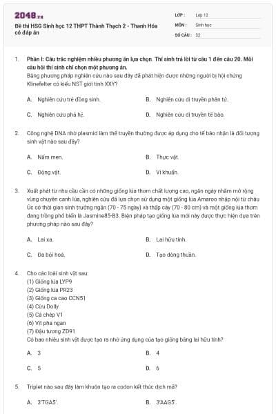 Đề thi HSG Sinh học 12 THPT Thành Thạch 2 - Thanh Hóa có đáp án