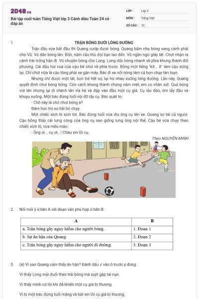 Bài tập cuối tuần Tiếng Việt lớp 3 Cánh diều Tuần 24 có đáp án