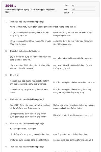 82 câu  Trắc nghiệm Vật lý 11 Từ Trường (có lời giải chi tiết)
