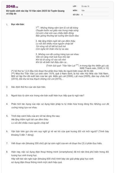 Đề tuyển sinh vào lớp 10 Văn năm 2025 Sở Tuyên Quang có đáp án