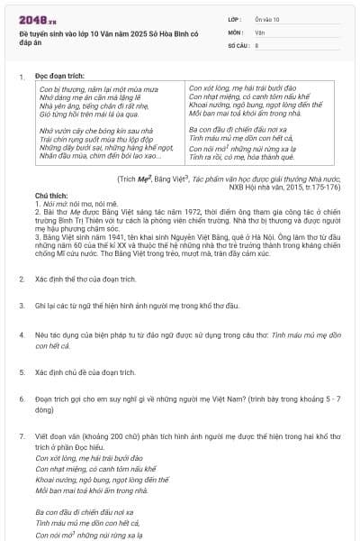 Đề tuyển sinh vào lớp 10 Văn năm 2025 Sở Hòa Bình có đáp án